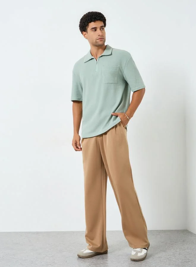 Styli Men Waffle Knit Quarter Zip Oversized Polo