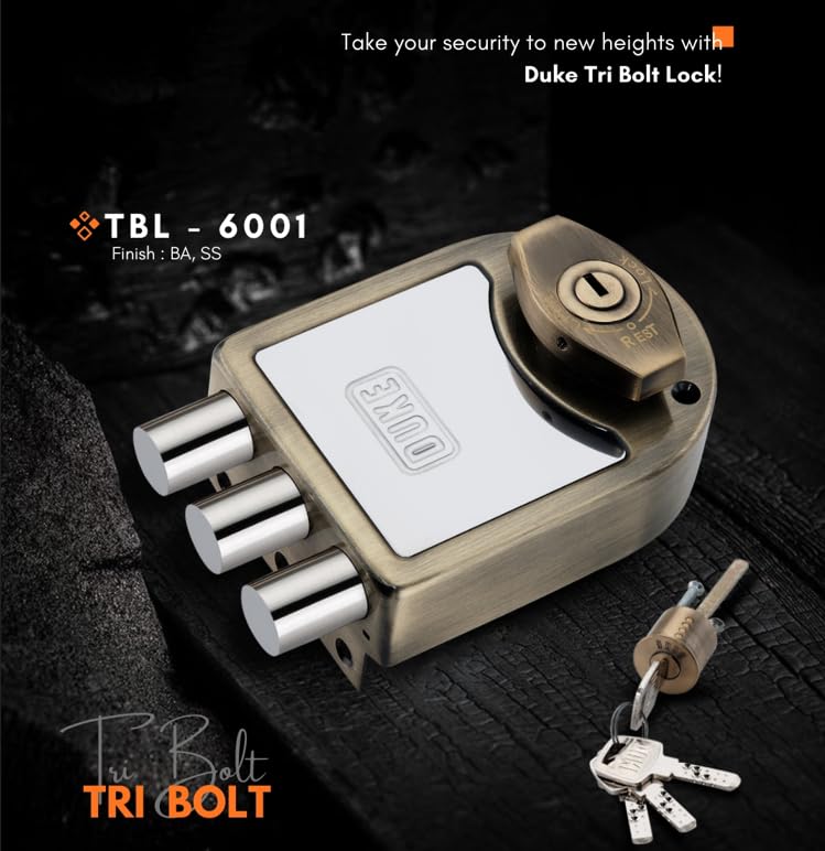 DUKE Tribolt Door Lock with Knob | 4 Brass Ultra Keys | Dead Bolt | Both Side Key with Knob - Image 2