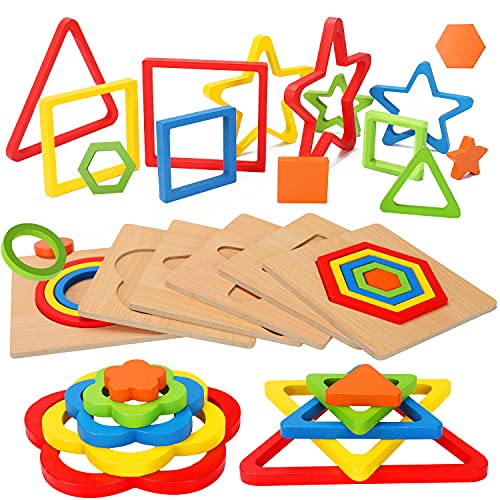 AugToy Toddler Puzzles Montessori Toy Wooden Shape Sorting Puzzle Sensory Toy Toddler Activities Preschool Learning Educational Autistic Developmental 1 2 3 Year Old Girl Boy 13 Dementia Game Easter Gift - Image 1