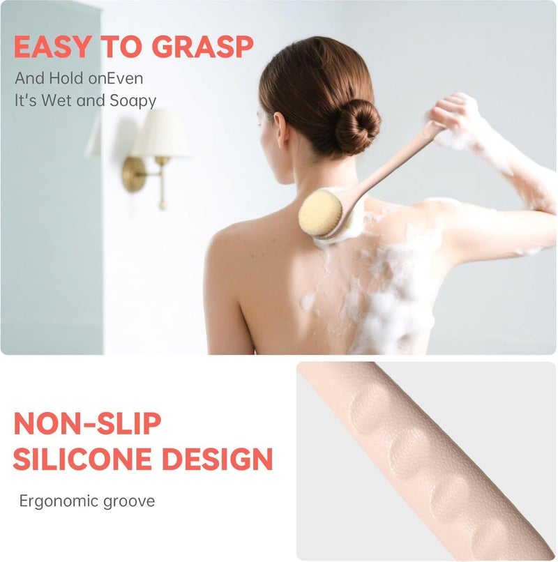 Back Scrubber for Shower, 15.7" Loofah with Handle, Back Shower Brush with Bristles and Loofah, Dry Brushing Body Brush for Cleanse Back and Hard to Reach Areas with Curved Long Handle (Pink) - Image 5