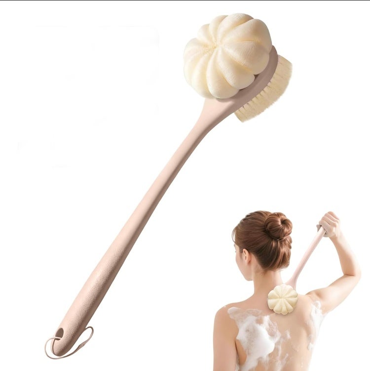 Back Scrubber for Shower, 15.7" Loofah with Handle, Back Shower Brush with Bristles and Loofah, Dry Brushing Body Brush for Cleanse Back and Hard to Reach Areas with Curved Long Handle (Pink) - Image 1