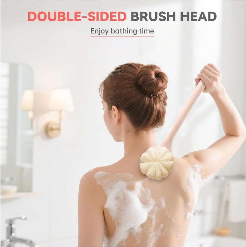 Back Scrubber for Shower, 15.7" Loofah with Handle, Back Shower Brush with Bristles and Loofah, Dry Brushing Body Brush for Cleanse Back and Hard to Reach Areas with Curved Long Handle (Pink) - Image 2