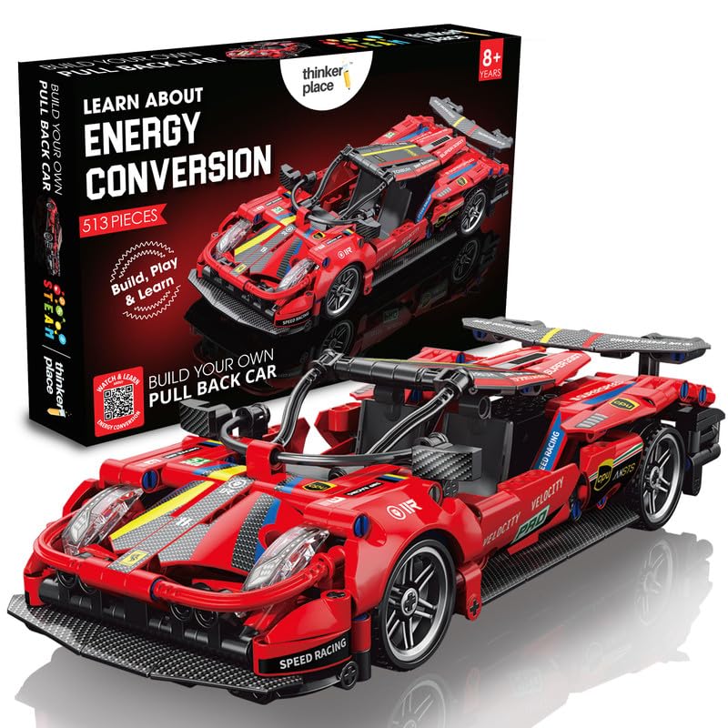 ThinkerPlace 1:18 DIY Blocks Pull-Back Car – Red | Big Pull Back Cars | STEM Learning: Learn About Energy Conversion | Educational Toy for Kids 8+ - Image 1