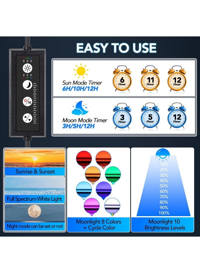 hygger Sun Moon LED Aquarium Light, Full Spectrum Fish Tank Light Day-Night Dual Timer, Adjustable 6 Timer 10 Brightness 8 Colors for Planted Freshwater Tank (20W for 18~24in Long Tank) - Image 2