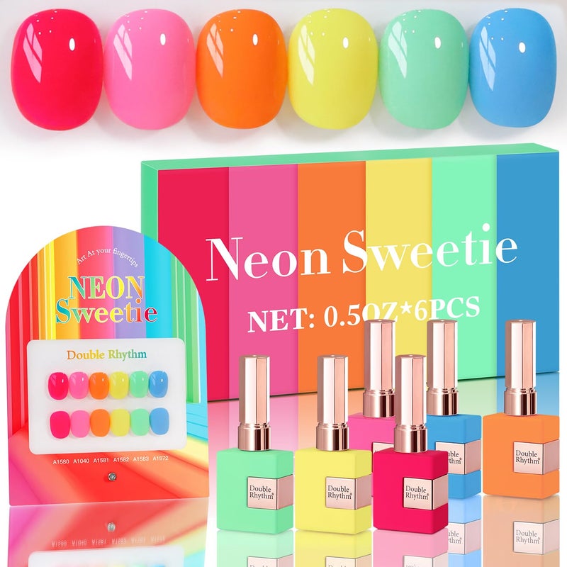 Double Rhythm 6 Pcs 15 ML Gel Polish Set Same Color Same Bottle Soak Off Gel Polish Kit Nail Art Manicure Salon DIY at Home for Women Pastel Red Pink Orange Yellow GreenT611