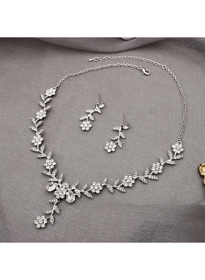 Photon مجموعة مجوهرات مكونة من 3 قطع من قلادة على شكل زهرة من الكريستال وأوراق الشجر، وقلادة وأقراط متدلية وسوار للنساء لحفلات الزفاف وما إلى ذلك - Image 4