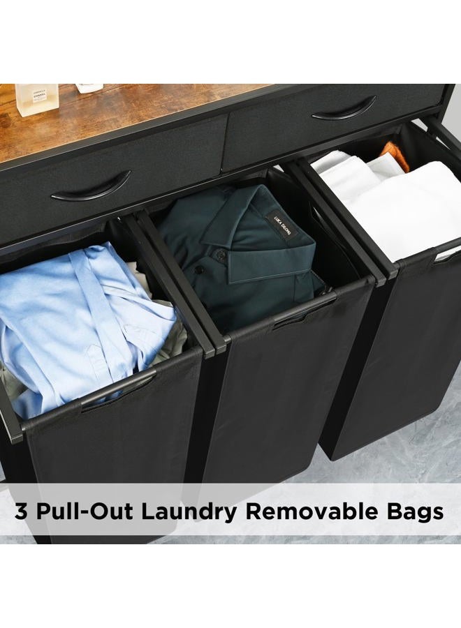 Ollieroo Laundry Sorter 3 Section, 180L Laundry Hamper Basket with Shelf and 2 Drawers, 3 Compartment Clothes Storage Organizer Cart, Pull-Out Removable Oxford Fabric Bags, Black - Image 5