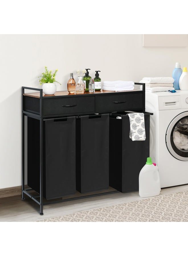Ollieroo Laundry Sorter 3 Section, 180L Laundry Hamper Basket with Shelf and 2 Drawers, 3 Compartment Clothes Storage Organizer Cart, Pull-Out Removable Oxford Fabric Bags, Black - Image 3