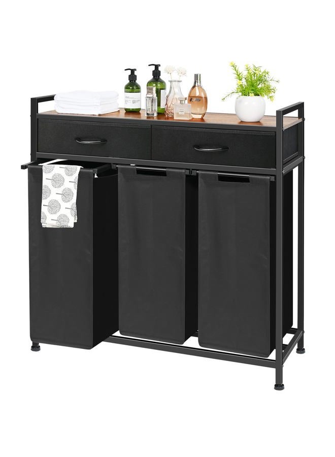 Ollieroo Laundry Sorter 3 Section, 180L Laundry Hamper Basket with Shelf and 2 Drawers, 3 Compartment Clothes Storage Organizer Cart, Pull-Out Removable Oxford Fabric Bags, Black - Image 1