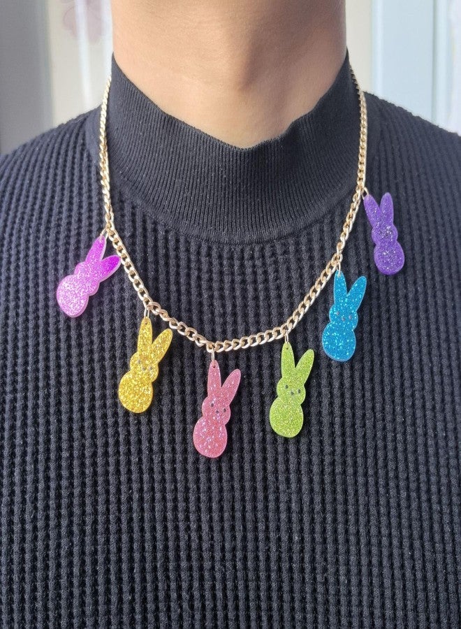 Xeyau Easter Bunny Charm Necklaces for Women Easter Basket Stuffers Glitter Peeps Rabbit Necklace Colorful Animal Necklaces Cute Easter Jewelry Spring Holiday Accessorie (Colorful-A) - Image 2