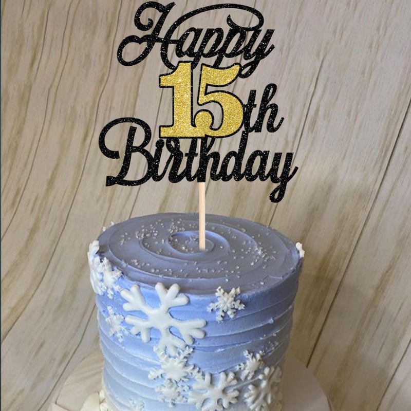 RSSTARXI 1 حزمة سعيدة 15 عيد ميلاد كعكة Topper Glitter 15 رائع كعكة الديكور Hello 15 هتافات إلى 15 سنة اختيار كعكة للاختيار عيد ميلاد سعيد 15 ديكورات حفلة سوداء الذهب الأسود - Image 3