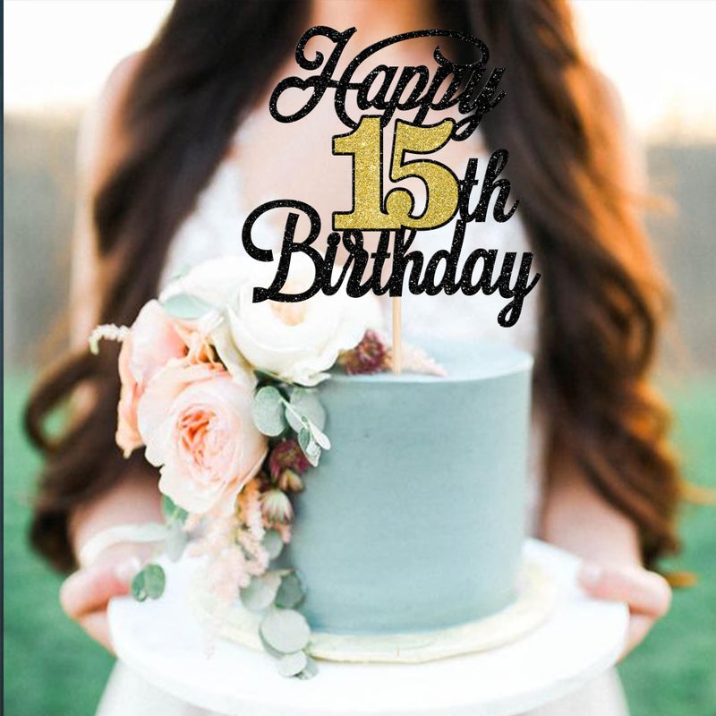 RSSTARXI 1 حزمة سعيدة 15 عيد ميلاد كعكة Topper Glitter 15 رائع كعكة الديكور Hello 15 هتافات إلى 15 سنة اختيار كعكة للاختيار عيد ميلاد سعيد 15 ديكورات حفلة سوداء الذهب الأسود - Image 5