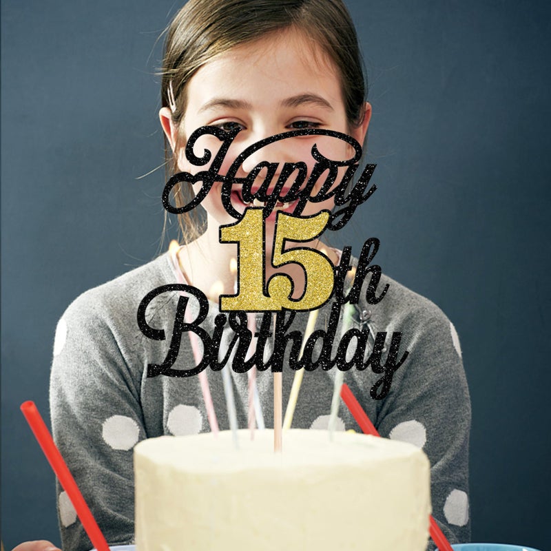 RSSTARXI 1 حزمة سعيدة 15 عيد ميلاد كعكة Topper Glitter 15 رائع كعكة الديكور Hello 15 هتافات إلى 15 سنة اختيار كعكة للاختيار عيد ميلاد سعيد 15 ديكورات حفلة سوداء الذهب الأسود - Image 4