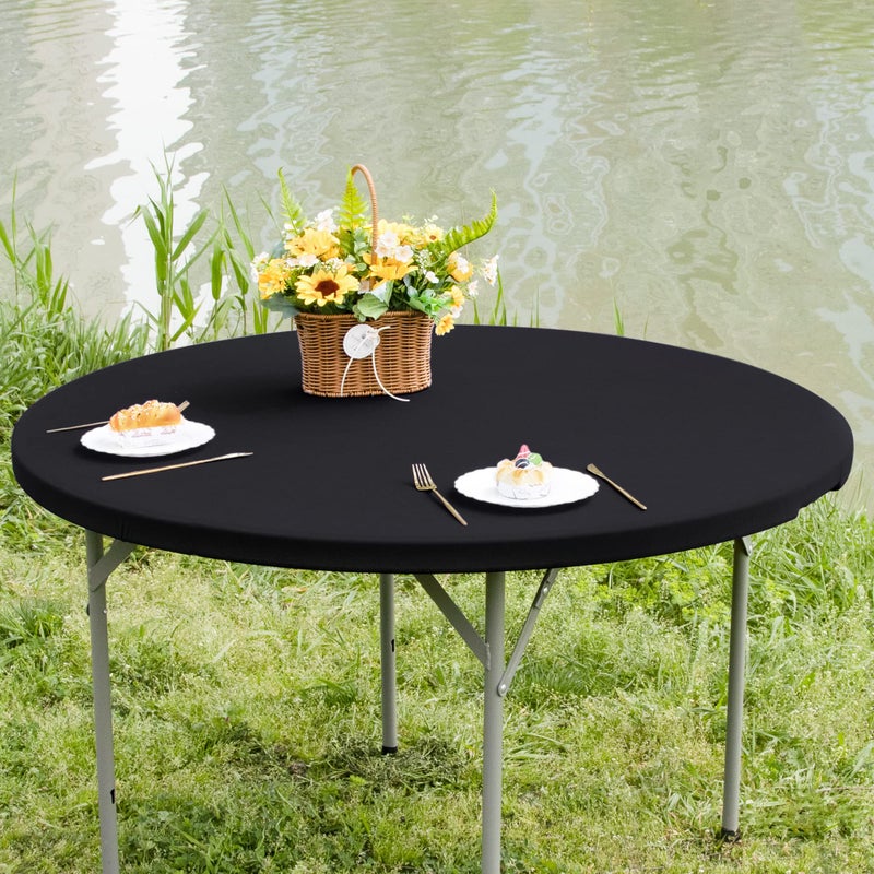 Nacuci Round Fitted Table Cover Elastic Tablecloth 5ft Stretch Spandex Table Top Cover for Dining Indoor Outdoor Party Black 60 Inch