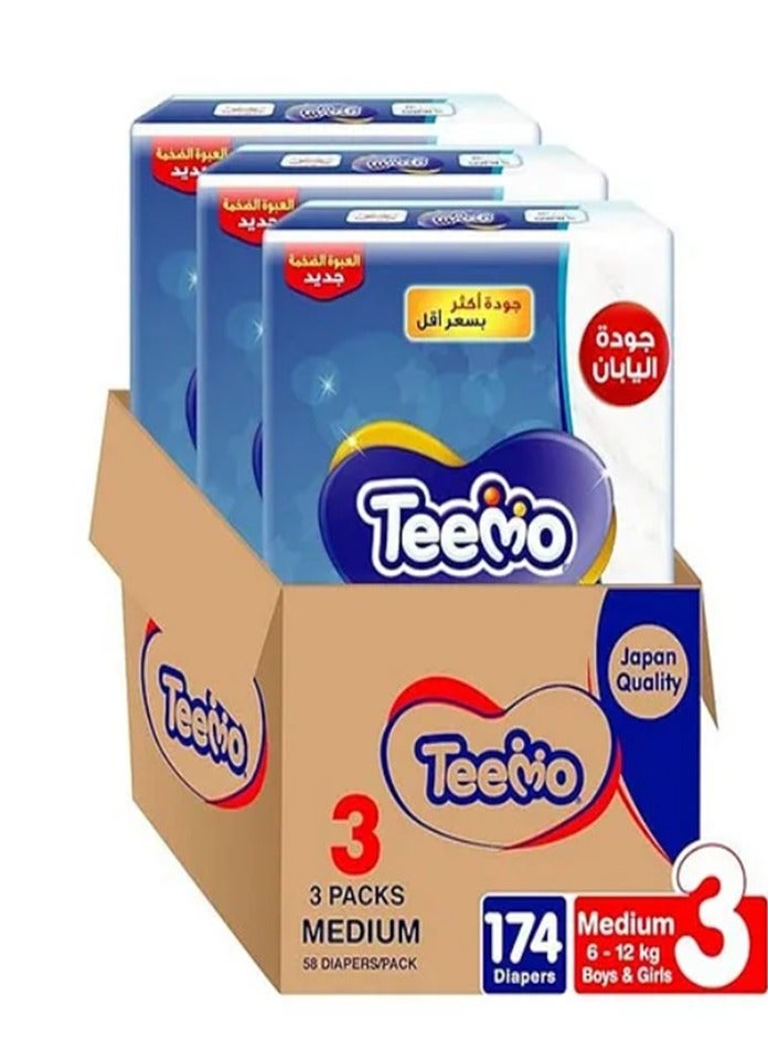 Teemo Baby Diapers, Size 3, Medium, 6-12 kg, Mega Box, 174 Diapers