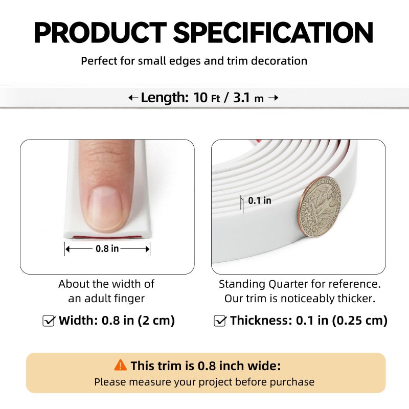 JSIWOTH Peel and Stick Trim, 0.8 in x 10 Ft Waterproof Molding Trim for Walls, Mirror Frame,Baseboard, Flexible & Self-Adhesive Trim White(Paintable) - Image 2