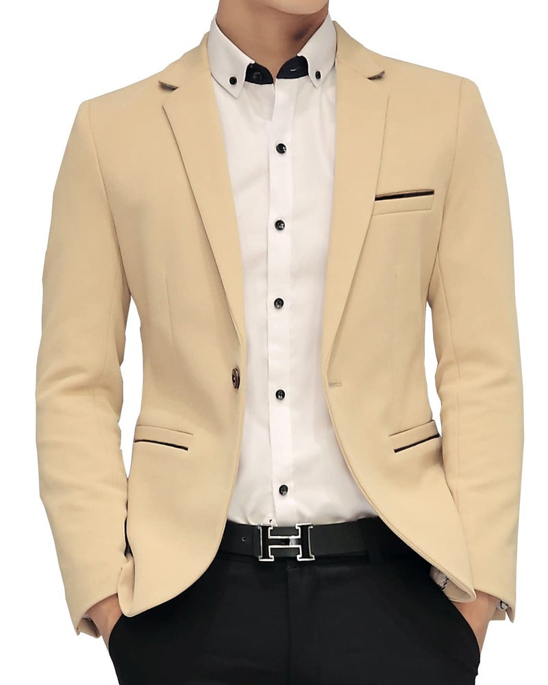 DAVID.ANN Men's Slim Fit Suits Casual One Button Flap Pockets Solid Blazer Jacket,Khaki,Large - Image 2