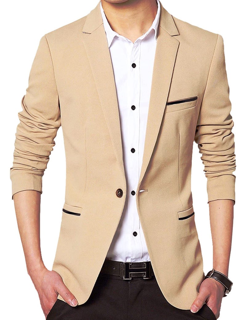 DAVID.ANN Men's Slim Fit Suits Casual One Button Flap Pockets Solid Blazer Jacket,Khaki,Large - Image 1