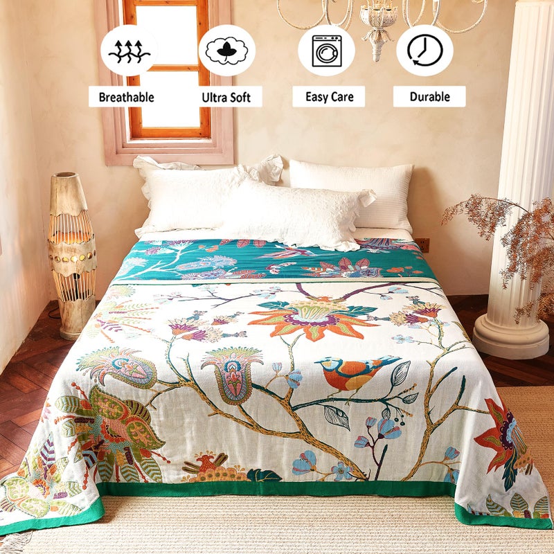 VANJOROY Boho Throw Blanket, 100% Organic Cotton Breathable Skin-Friendly Ultra Soft Bed Quilt Throw - All Season Floral Bird Farmhouse DÃ©cor Luxury Blanket for Sofa Couch Chair and Gift. 50" x 60" - Image 3