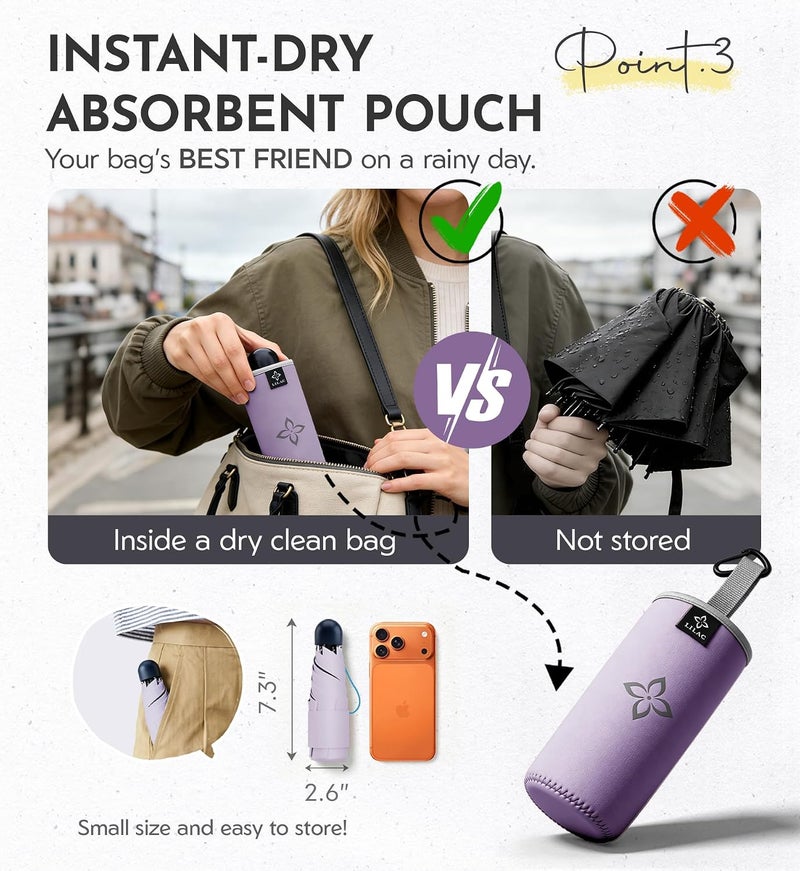Lilac Mini Umbrella for Travel Compact - UPF 100+ UV Sun Umbrella for Purse Backpack,Super mini Sturdy Pocket Folding Umbrella with Absorbent Sleeve, Heavy Duty Parasol - Image 4