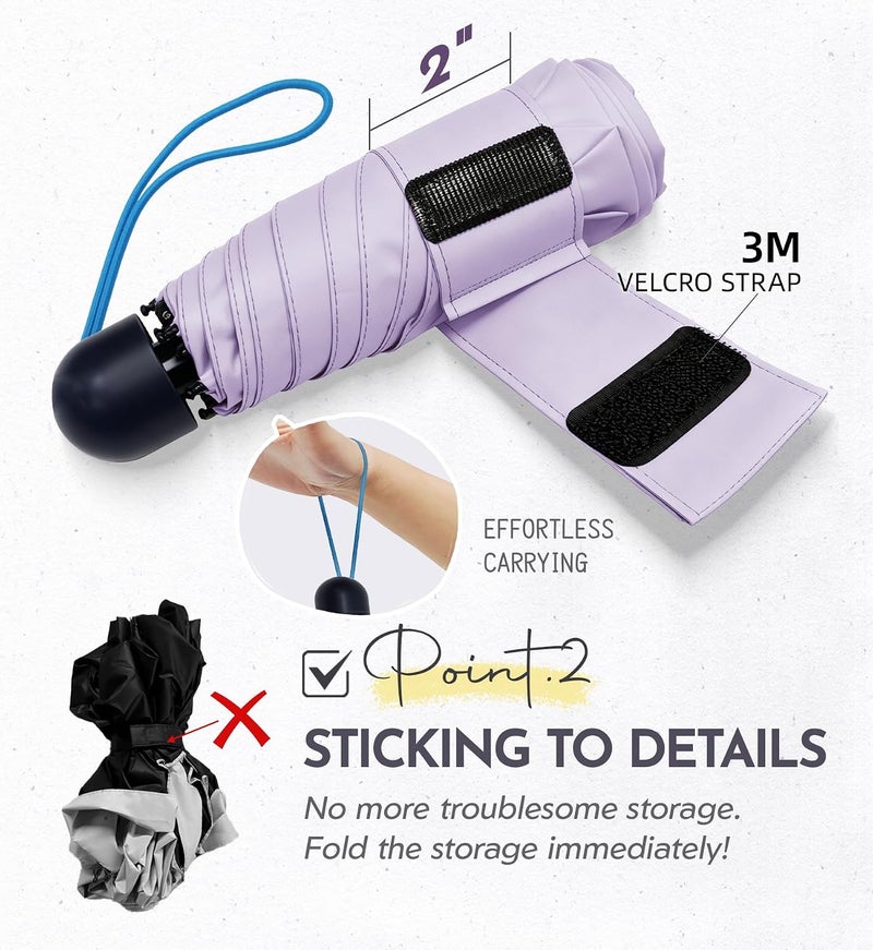 Lilac Mini Umbrella for Travel Compact - UPF 100+ UV Sun Umbrella for Purse Backpack,Super mini Sturdy Pocket Folding Umbrella with Absorbent Sleeve, Heavy Duty Parasol - Image 3