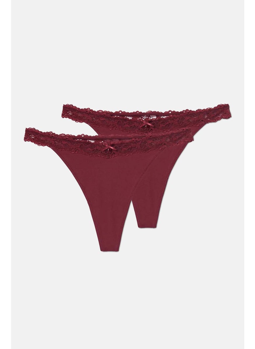 Tchibo Women 2 Pack Lace String Thong Panty, Maroon  - Image 4