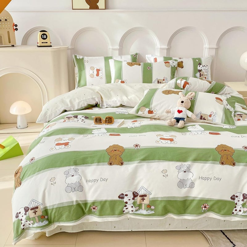 MorroMorn 100% Cotton Duvet Cover Queen, 3 Pieces Cute Bedding Sets Green Bed Set All Seasons, 1 Comforter Cover 2 Pillowcases, Soft Breathable Kawaii for Boys Girls Kids Teen (Cute Dog, Full/Queen) - Image 1