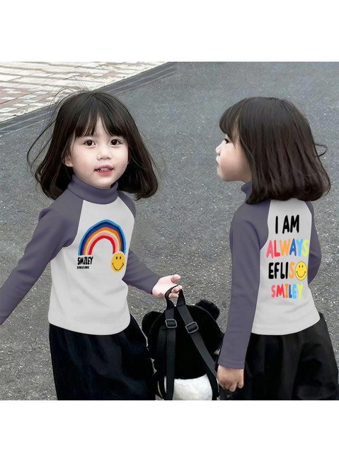 Girls' Thermal Base Layer Top Autumn And Winternew Style For Older Children, Half Turtleneck, Warm Inner Layer, Color-blocking Long Sleeves