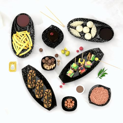 Castleite Laurel Peony Multi-Purpose Kitchen Serving Platter: Deluxe Melamine Crockery Set of 8 - Versatile Chip and Dip Tray for Snacks, Starters & Desserts (Marble Black) - Image 1