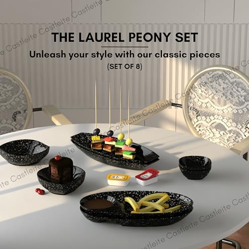 Castleite Laurel Peony Multi-Purpose Kitchen Serving Platter: Deluxe Melamine Crockery Set of 8 - Versatile Chip and Dip Tray for Snacks, Starters & Desserts (Marble Black) - Image 2