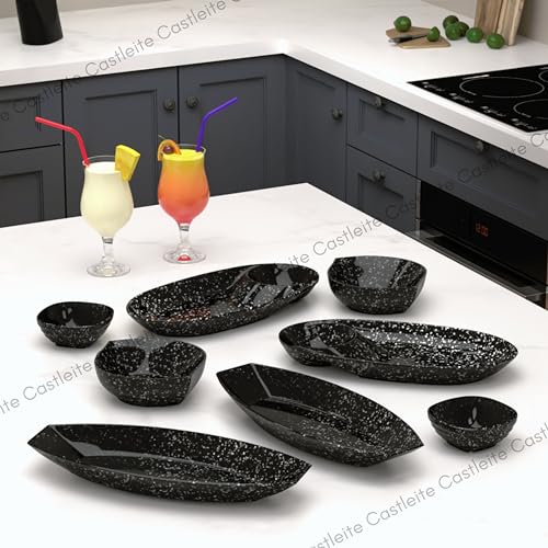 Castleite Laurel Peony Multi-Purpose Kitchen Serving Platter: Deluxe Melamine Crockery Set of 8 - Versatile Chip and Dip Tray for Snacks, Starters & Desserts (Marble Black) - Image 3