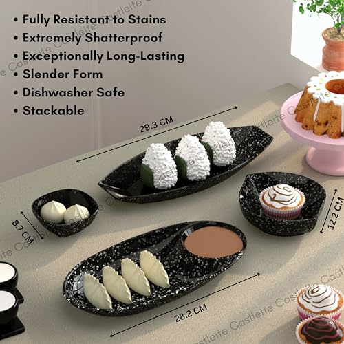 Castleite Laurel Peony Multi-Purpose Kitchen Serving Platter: Deluxe Melamine Crockery Set of 8 - Versatile Chip and Dip Tray for Snacks, Starters & Desserts (Marble Black) - Image 4