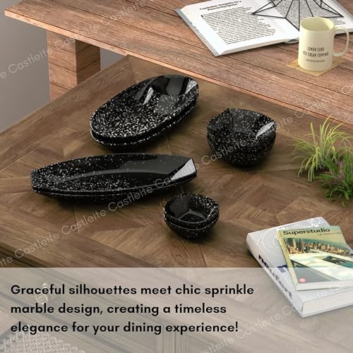 Castleite Laurel Peony Multi-Purpose Kitchen Serving Platter: Deluxe Melamine Crockery Set of 8 - Versatile Chip and Dip Tray for Snacks, Starters & Desserts (Marble Black) - Image 5