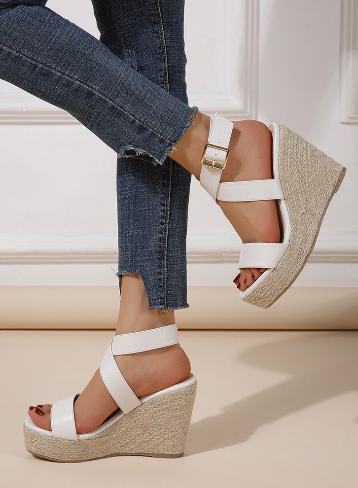 Loquat Summer High Heels With Open-Toed Wedge Sandals White  - Image 1
