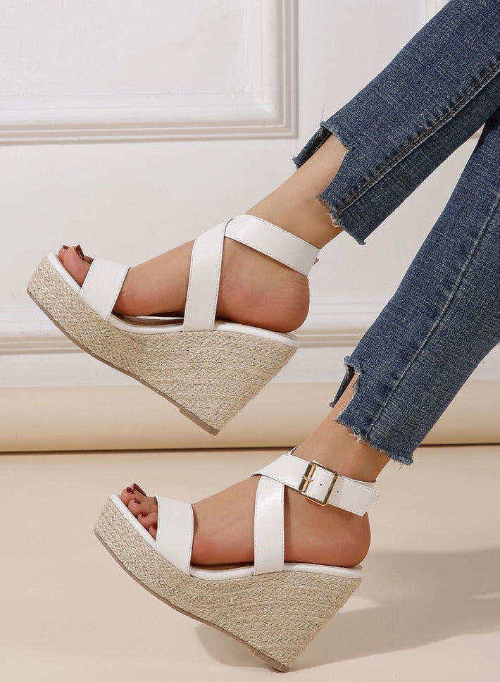 Loquat Summer High Heels With Open-Toed Wedge Sandals White  - Image 2