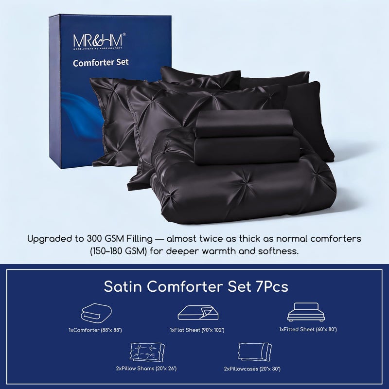 MR&HM Satin Comforter Queen 7 Pieces - Luxurious Pinch Pleat Bedding Set with Comforter, Flat Sheet, Fitted Sheet, Pillowcases & Shams, Super Silky Soft Bed Set for All Season (Queen, Black) - Image 2