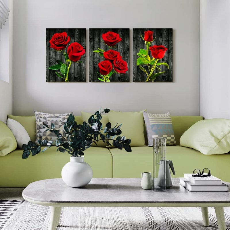 DZRWUBHS Canvas Wall Art For Bedroom Family Decor Living Room Modern Decorations Bathroom Dormitory Painting Kitchen Red Roses Pictures Artwork Home Decoration 3 Pieces - Image 3