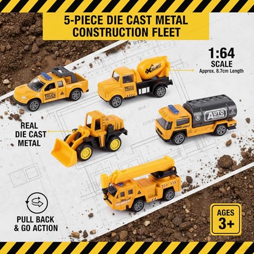 SHAKTISM Die Cast Metal Pull Back Toy Vehicles Set, 1:64 Scale, 5 Pieces, Engineering Construction Vehicles Collection (Engineering Veicles) - Image 2