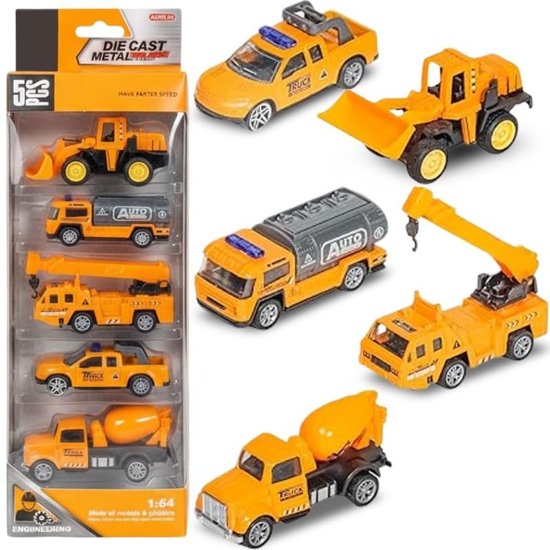 SHAKTISM Die Cast Metal Pull Back Toy Vehicles Set, 1:64 Scale, 5 Pieces, Engineering Construction Vehicles Collection (Engineering Veicles) - Image 1