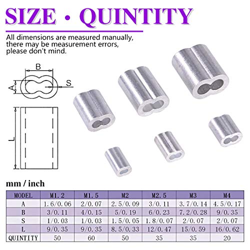Swpeet 250Pcs 6 Sizes Aluminum Crimping Loop Sleeve Assortment Kit for Wire Rope and Cable or Anything Else Require Strong Cable - Image 3