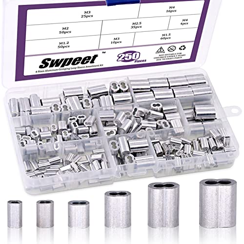 Swpeet 250Pcs 6 Sizes Aluminum Crimping Loop Sleeve Assortment Kit for Wire Rope and Cable or Anything Else Require Strong Cable - Image 1