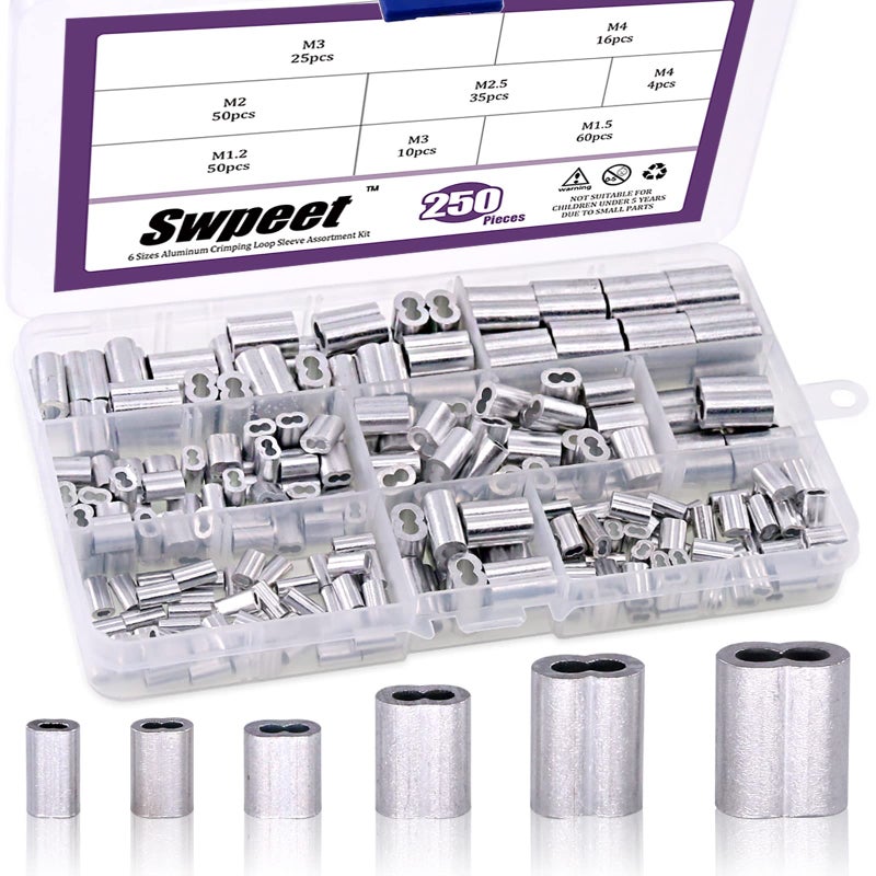 Swpeet 250Pcs 6 Sizes Aluminum Crimping Loop Sleeve Assortment Kit for Wire Rope and Cable or Anything Else Require Strong Cable - Image 2