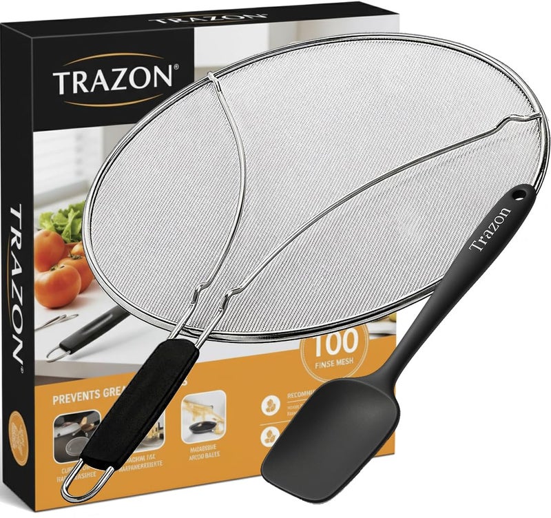 Trazon Grease Splatter Screen for Frying Pan 13 inch - Stops 99% of Hot Oil Splash - Protects Skin from Burns - Splatter Guard for Cooking - Iron Skillet Lid Keeps Kitchen Clean, includes Silicone Spatula - Image 1
