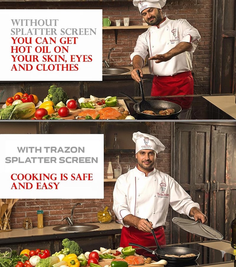 Trazon Grease Splatter Screen for Frying Pan 13 inch - Stops 99% of Hot Oil Splash - Protects Skin from Burns - Splatter Guard for Cooking - Iron Skillet Lid Keeps Kitchen Clean, includes Silicone Spatula - Image 3