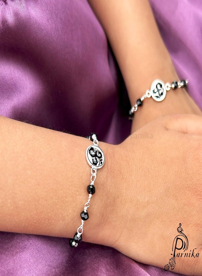 Parnika MJ 925 Divine Baby Nazariya (Kids Bracelet) in Pure 92.5 Sterling Silver for Kids - One Pair | Chandi Nazarbattu | Silver Ponchi | (Om Enamel 1) - Image 2