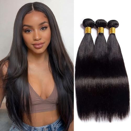 Rebasar Straight Bundles Human Hair 12 12 12 Inch 100% Unprocessed Brazilian Trippy Virgin Weave Bundles Human Hair for Women Remy Straight Hair Extensions Natural Black Raw Weft - Image 1