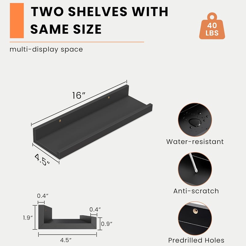 Heimlove Picture Ledge Shelf, Small Floating Shelves Set of 2, 16 Inches Picture Shelf for Wall with Ledge, Kids Bookshelf Wall Mounted for Living Room Bedroom Decor Books Photo Frames, Black - Image 3