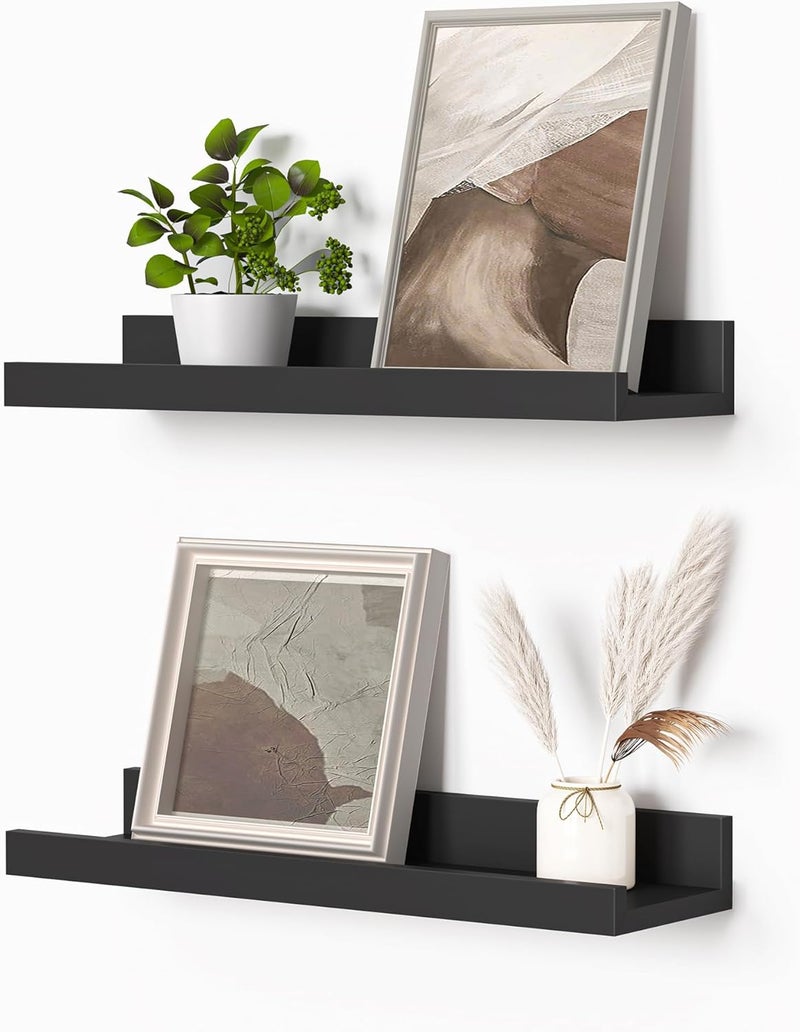 Heimlove Picture Ledge Shelf, Small Floating Shelves Set of 2, 16 Inches Picture Shelf for Wall with Ledge, Kids Bookshelf Wall Mounted for Living Room Bedroom Decor Books Photo Frames, Black - Image 1