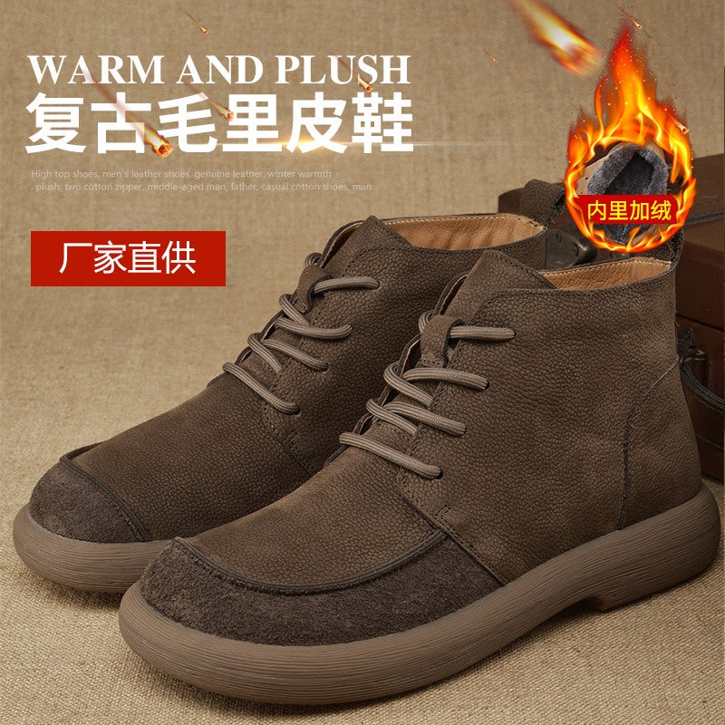Retro Top Layer Cowhide Cotton Shoes Trendy British Style Martin Boots Fashion High Top Shoes Fur Leather Shoes - Image 2