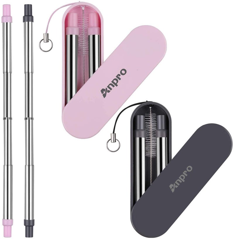 Anpro Reusable Straws Metal  2 Pack Stainless Steel Drinking Straws Portable Telescopic Straw with Case  Key Chain  Cleaner Brush Adjustable Length up to 9 inch 66 mm Diameter